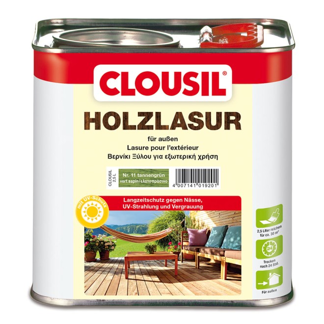 Clousil Holzlasur, Farbe: tannengrün, Gebinde: 2,5 Ltr.